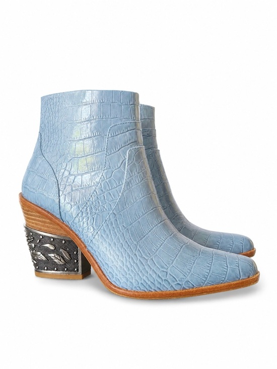 Gianni Bini Shoes - Gianni Bini Light Blue Croc-Embossed Ankle Booties with Sculpted Decorative Heel